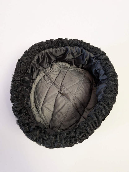 Black Genuine Leather Cap With Natural Karakul Fur Brim | 6 Panel Design