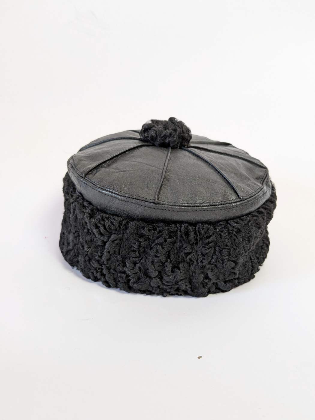 Black Genuine Leather Cap With Natural Karakul Fur Brim | 6 Panel Design