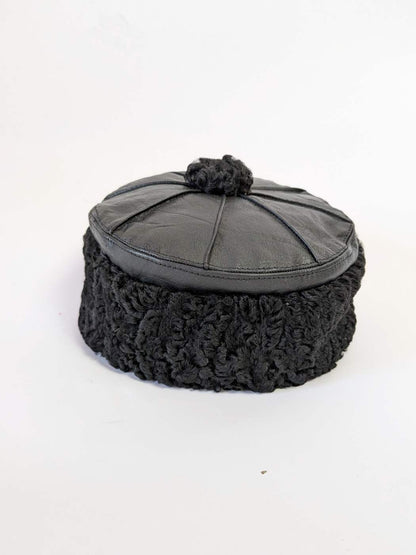 Black Genuine Leather Cap With Natural Karakul Fur Brim | 6 Panel Design