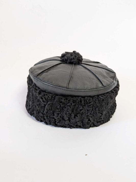 Black Genuine Leather Cap With Natural Karakul Fur Brim | 6 Panel Design