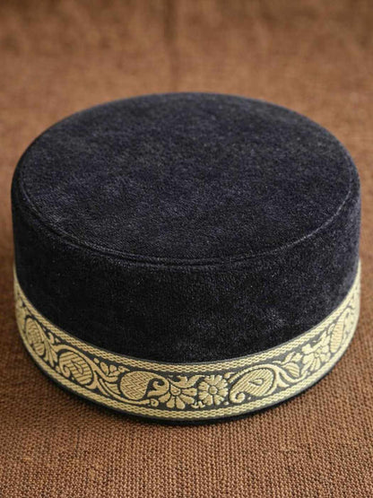 black round cap with sozni embroidery across border