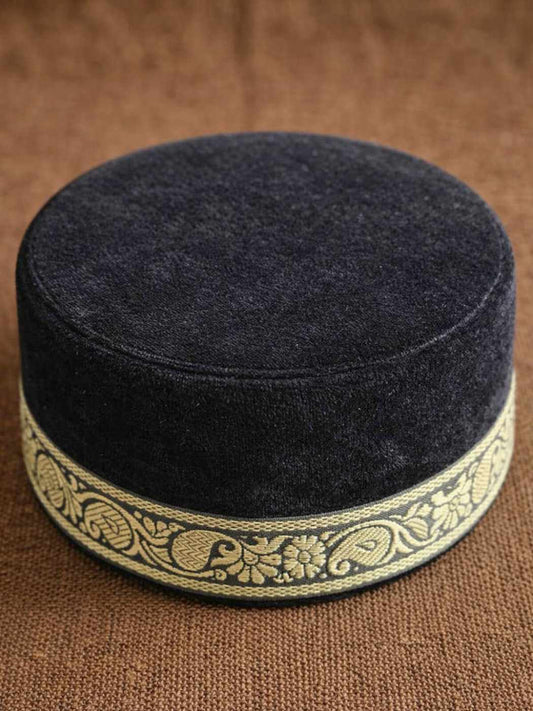 black round cap with sozni embroidery across border