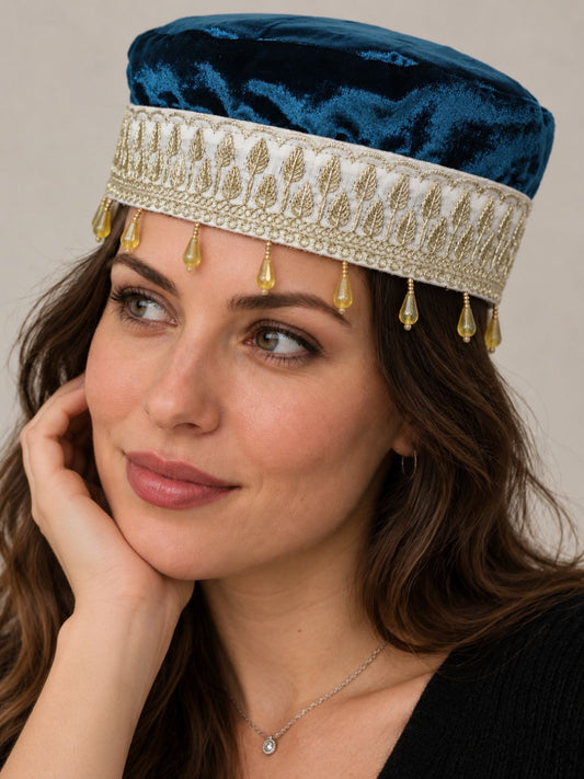 Blue Kashmiri Velvet Cap for Wedding Ulfat With Zari Work for Women