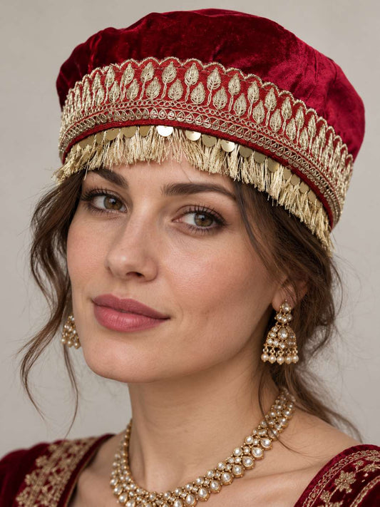 Kashmiri Partywear Velvet Cap With Zari Work For Women In Maroon Nida