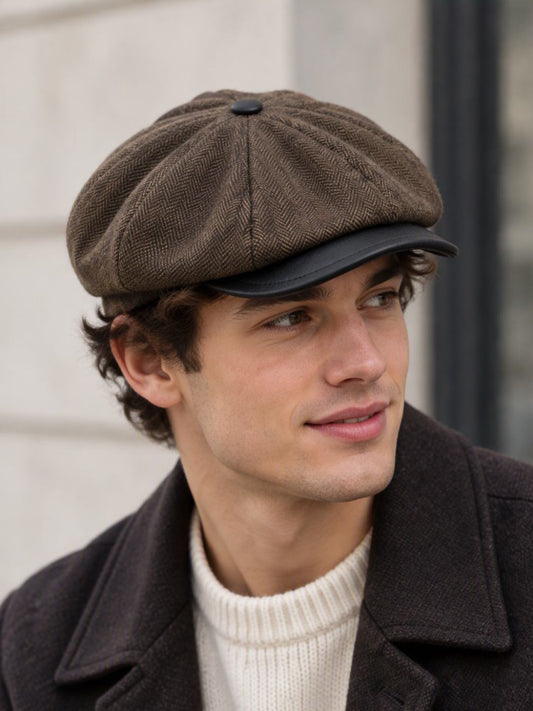 Peaky Blinders French Tweed Newboy Cap with Leather Front | Brownish Lines