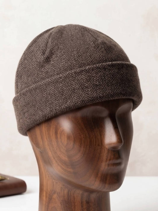 Brown Beanie Cap in Wool in Lines Design