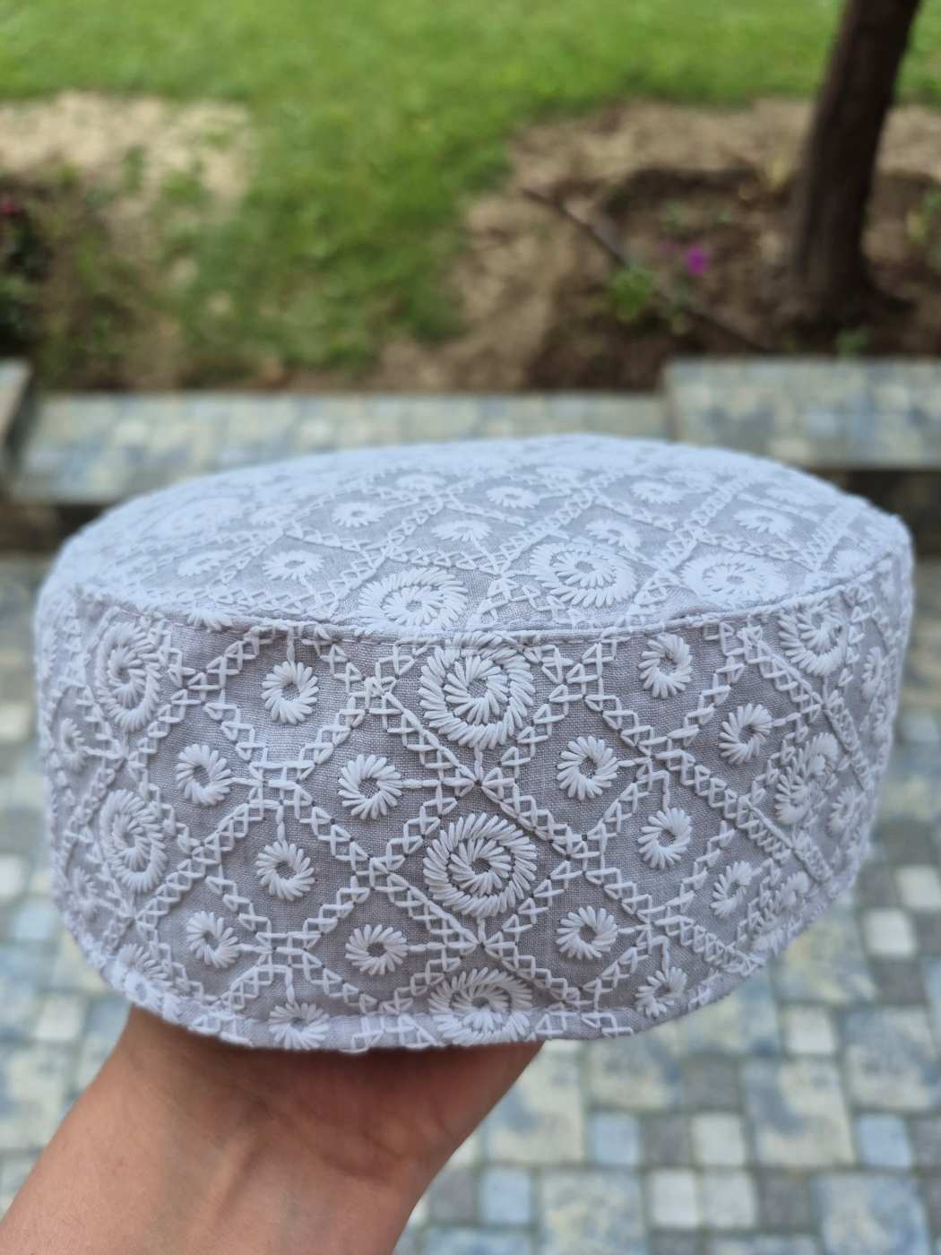 Kashmiri cap in white geometrical patterns