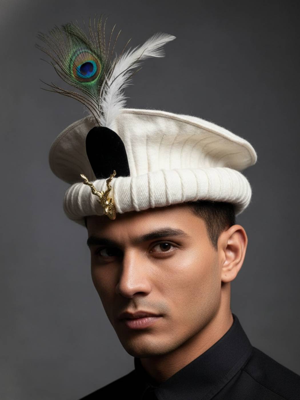 Premium Pakol Chitrali Cap with Feather Morepankh and Traditional Markhor