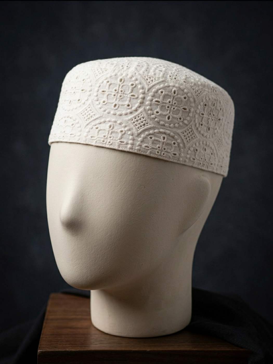 Owaisi White Cotton Cap for Summer in Hakooba Embroidery | Foldable and Lightweight