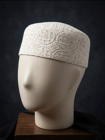 Owaisi White Cotton Cap for Summer in Hakooba Embroidery | Foldable and Lightweight