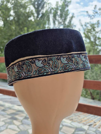 Blue Denim Cotton Round Topi Cap With Elegant Lace Border