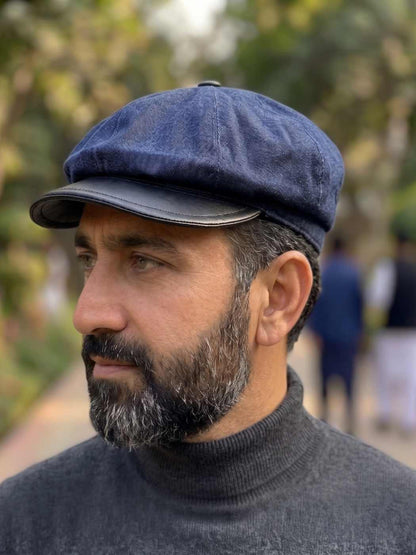Newsboy Cap in Denim Cotton With Pure Leather Black Brim