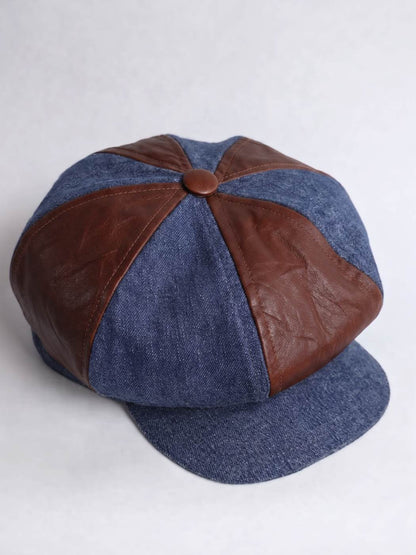 Newsboy Cap in Denim Cotton and Leather