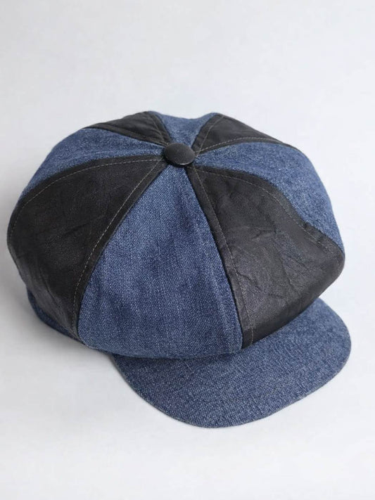 Newsboy Cap in Denim Cotton and Leather