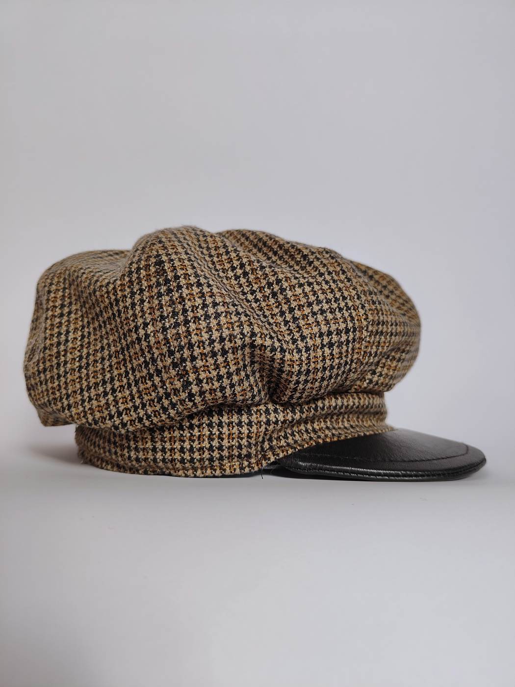 Wool Flat Cap | Stripes Hat with Leather Button on Top