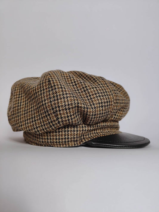 Wool Flat Cap | Stripes Hat with Leather Button on Top