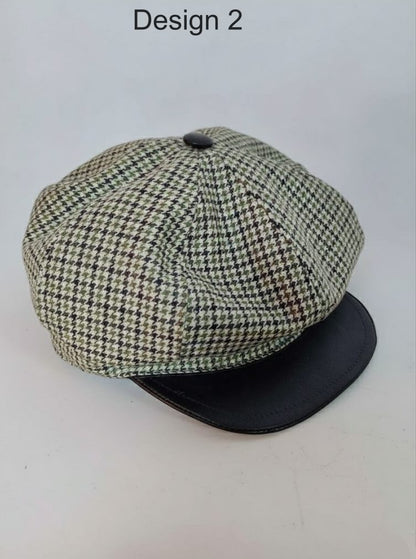 check pattern cap in green and front leather 