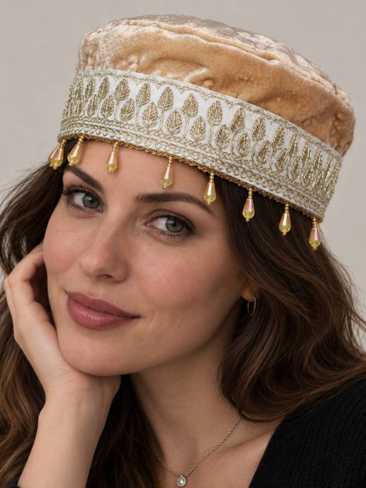 Kashmiri Fancy Velvet Cap In Beige With Zari Work for Women Sadiya
