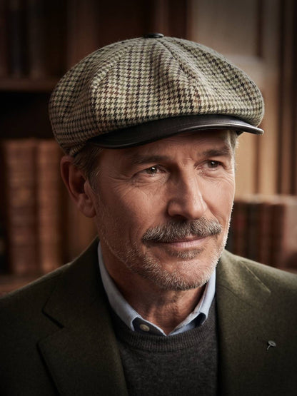 Green French Baggy Cap in Tweed Wool with Leather Front