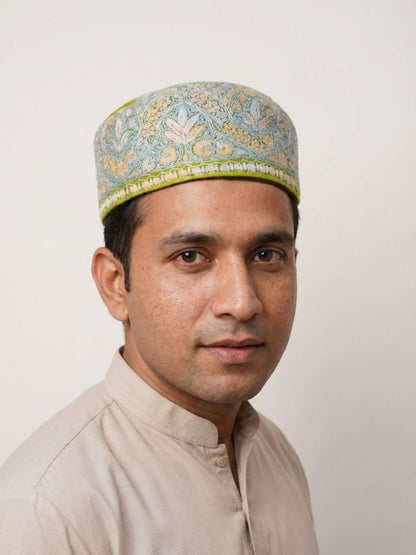 Kashmiri Ziyan Handmade Green Cap with Hand Sozni Work