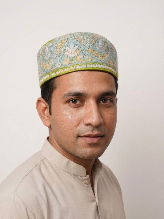 Kashmiri Ziyan Handmade Green Cap with Hand Sozni Work