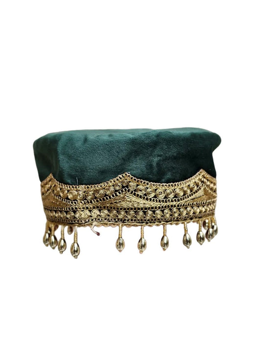 Green Zari Tilla Velvet Wedding Cap | Partywear Womens Hat