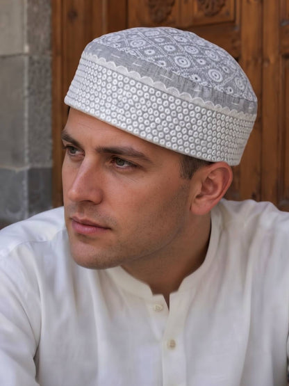 Classic Chikan Embroidered Cotton Cap for Men Azhar | Grey and White