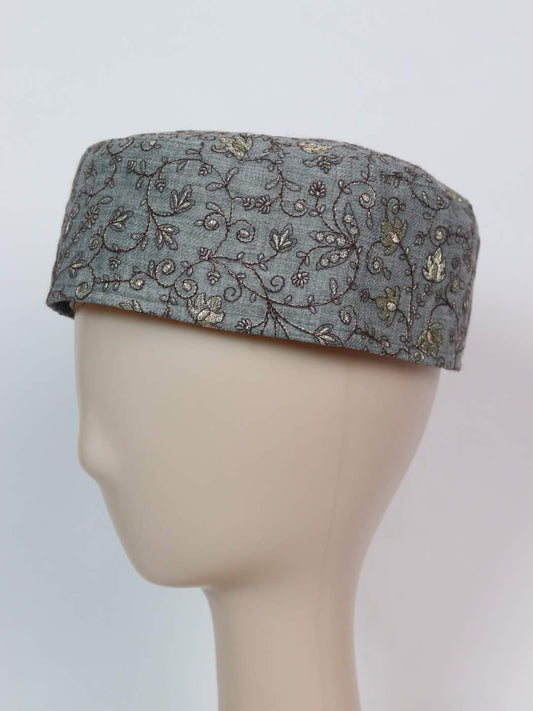 Zari Work Round Cap in Grey With Chinar Design