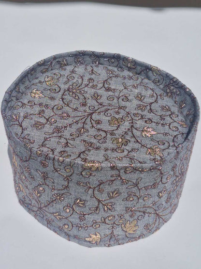 Grey Omani Cap - Barkati topi With Silver Chinar Zari Tilla Embroidery