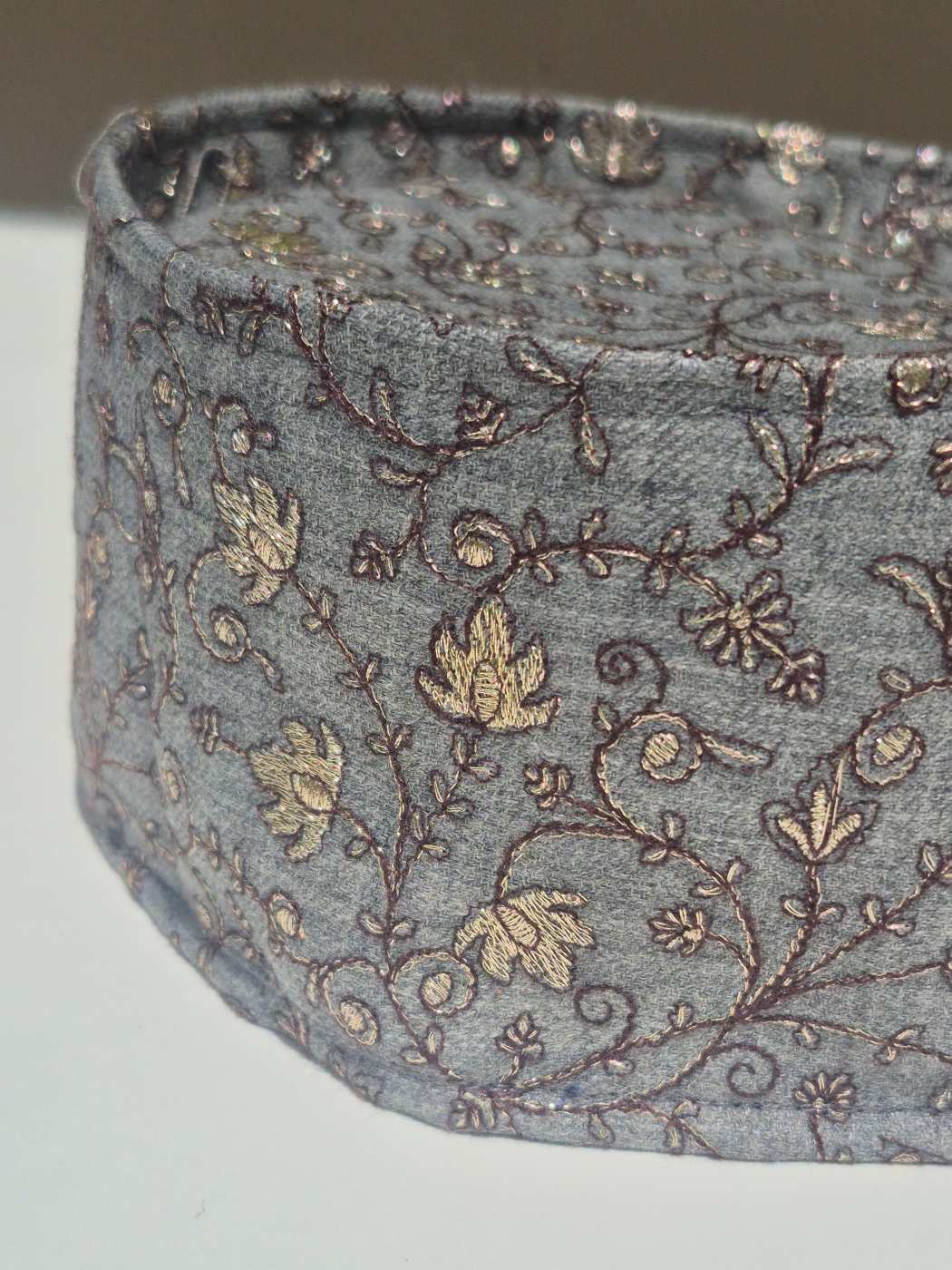 Grey Omani Cap - Barkati topi With Silver Chinar Zari Tilla Embroidery