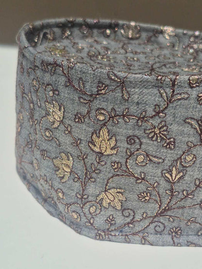 Grey Omani Cap - Barkati topi With Silver Chinar Zari Tilla Embroidery