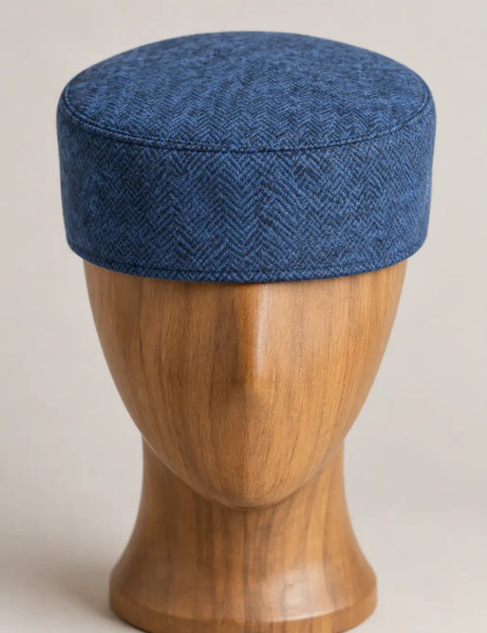 Blue Round Foldable Woolen Cap in Handloom Tweed  | Premium Kashmiri Fabric