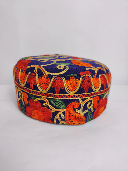 Kashmiri traditional topi in dark blue with aari embroidery 