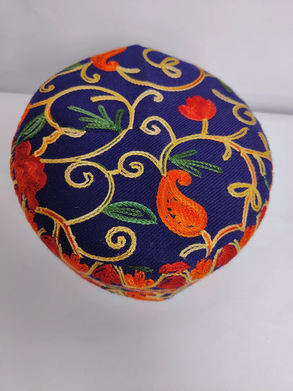 Kashmiri cap in dark blue with vine floral embroidery 