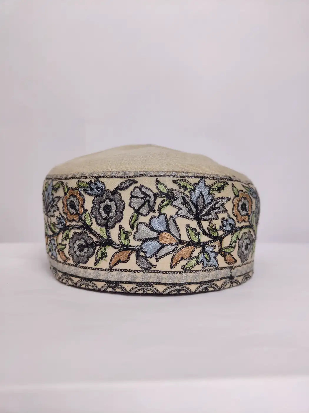 Handmade Beige Kashmiri Cap with Aari Embroidery