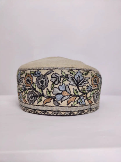 Handmade Beige Kashmiri Cap with Aari Embroidery