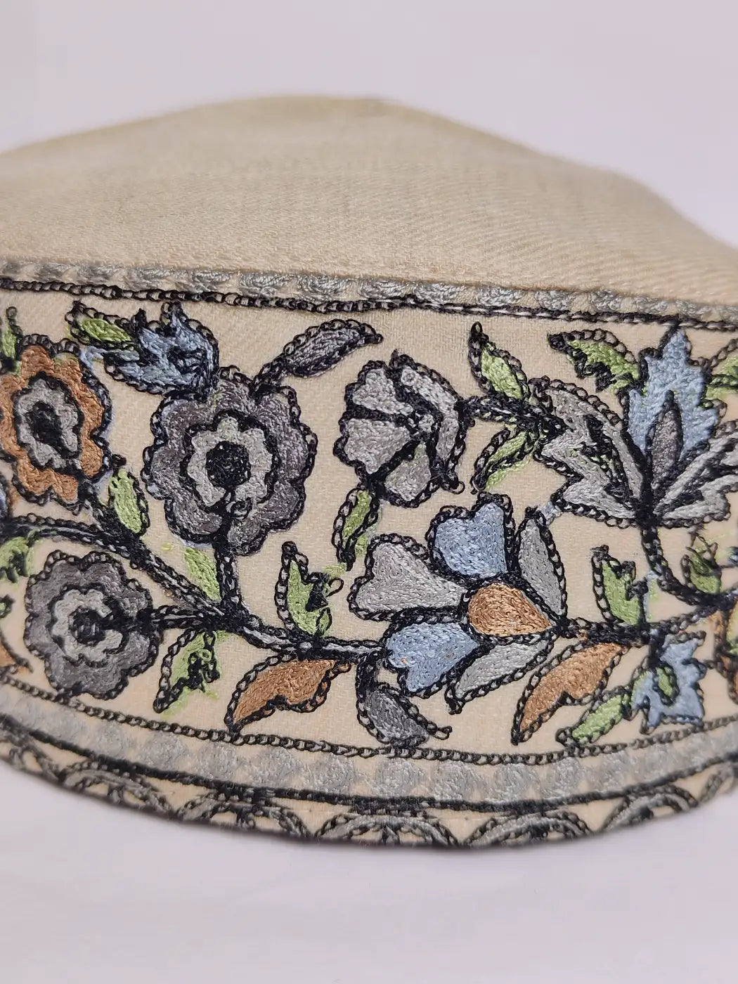 Handmade Beige Kashmiri Cap with Aari Embroidery