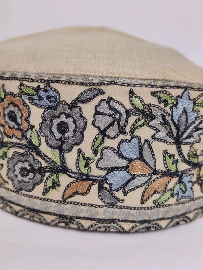 Handmade Beige Kashmiri Cap with Aari Embroidery