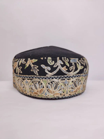 Kashmiri Mens Black Cap with Alif Aari Embroidery