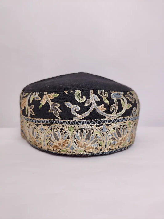 Kashmiri Mens Black Cap with Alif Aari Embroidery
