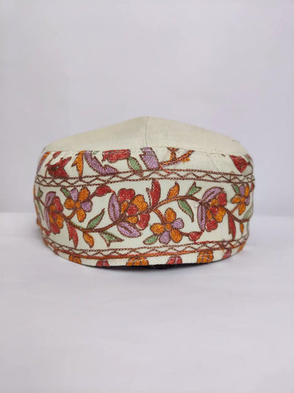 Kashmiri cream colour classic cap with aari embroidery on side
