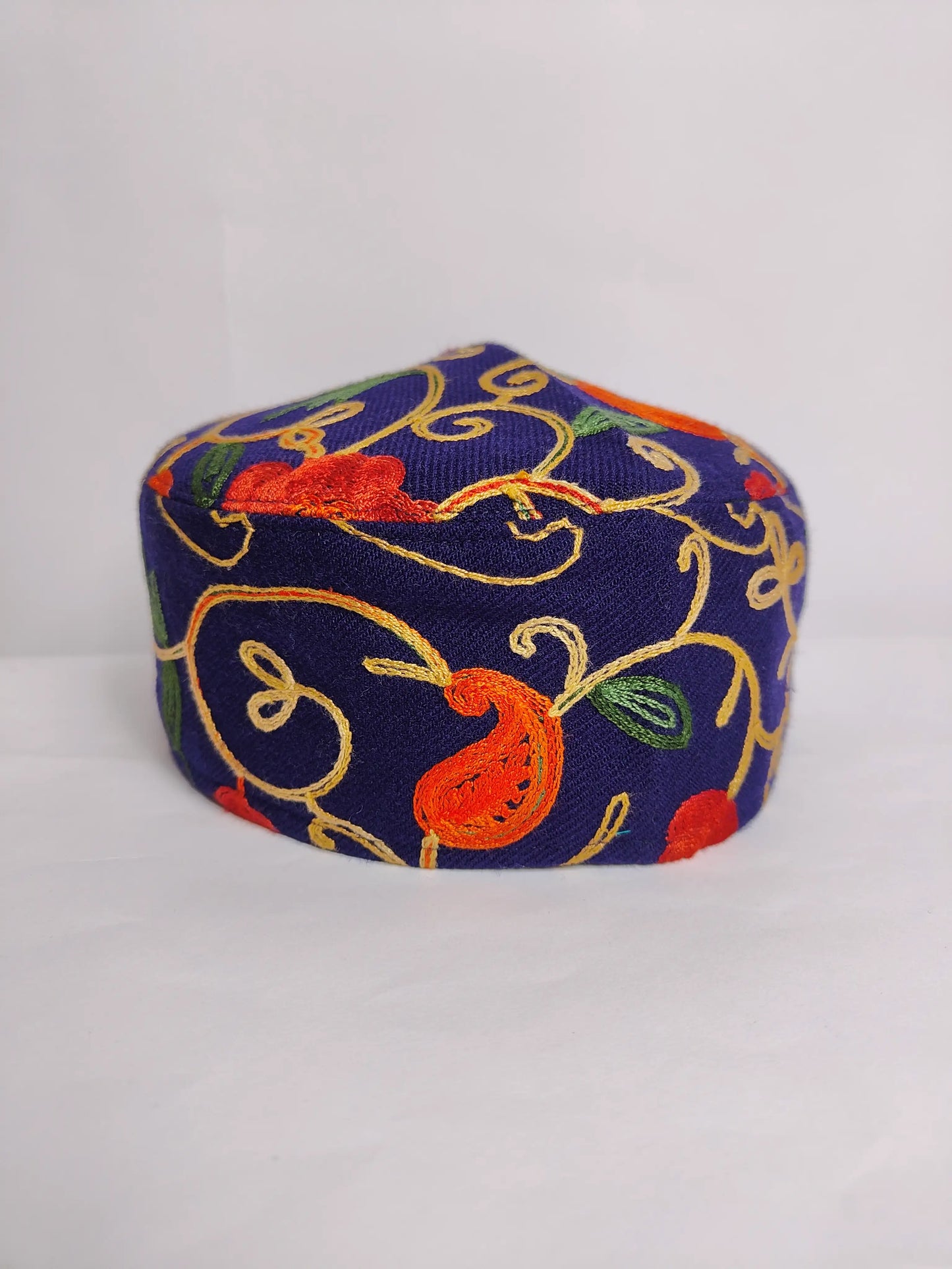 dark blue traditional cap from Kashmir with aari work