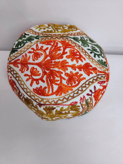 white classic cap top side with aari work