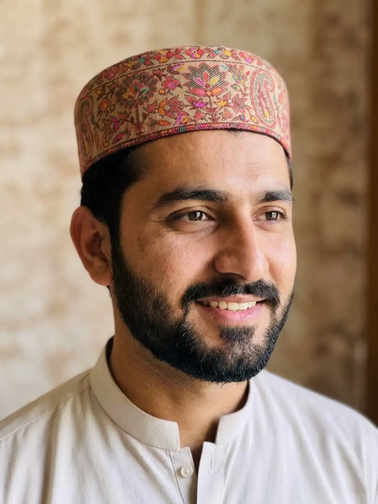 Beige Kani Cap from Kashmir - Afsar Baand
