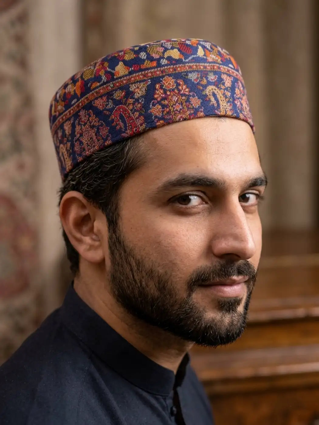 Dark Blue Kashmiri Kani Cap | Naqshbandi Roop