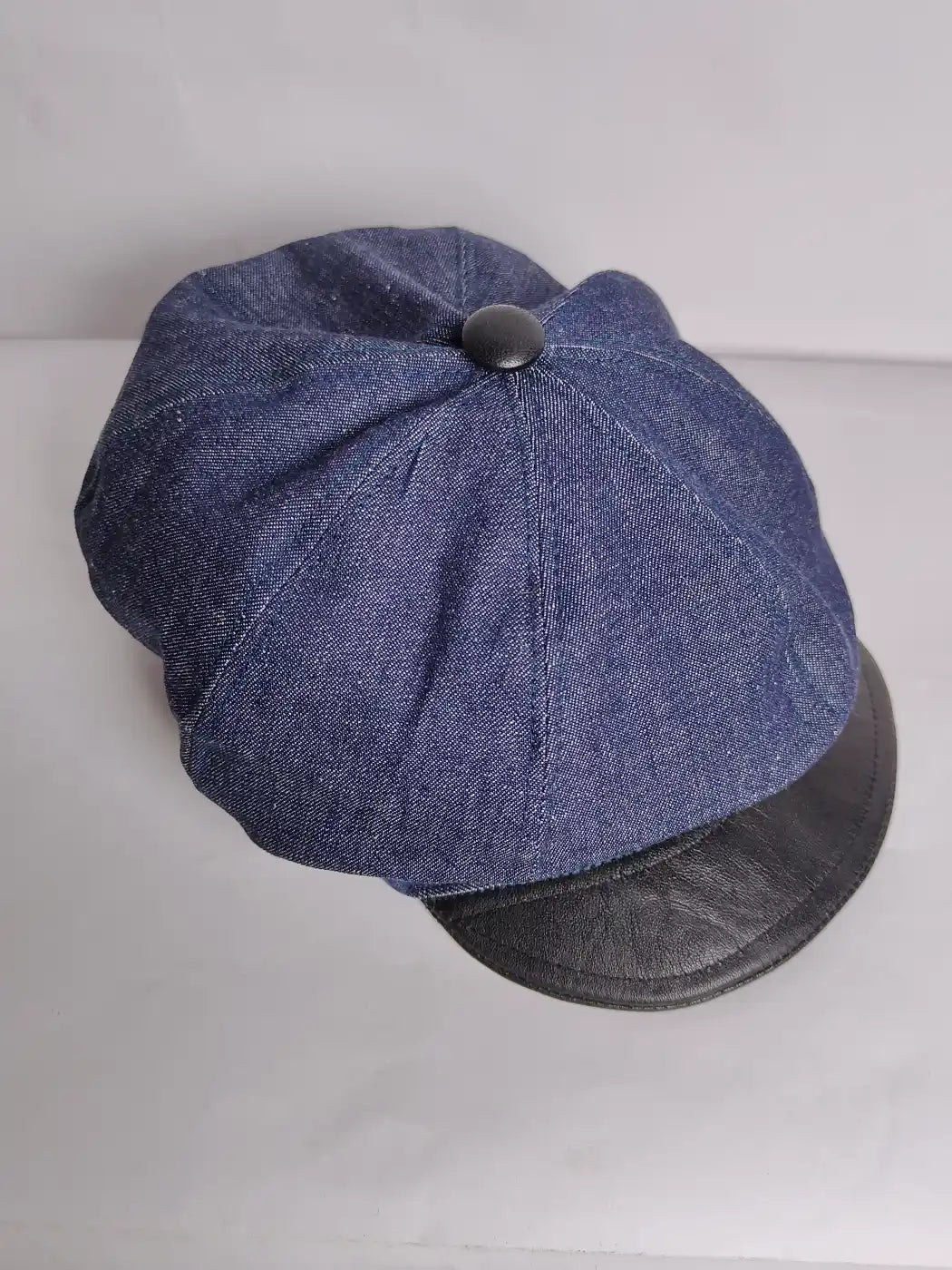 Newsboy Cap in Denim Cotton With Pure Leather Black Brim
