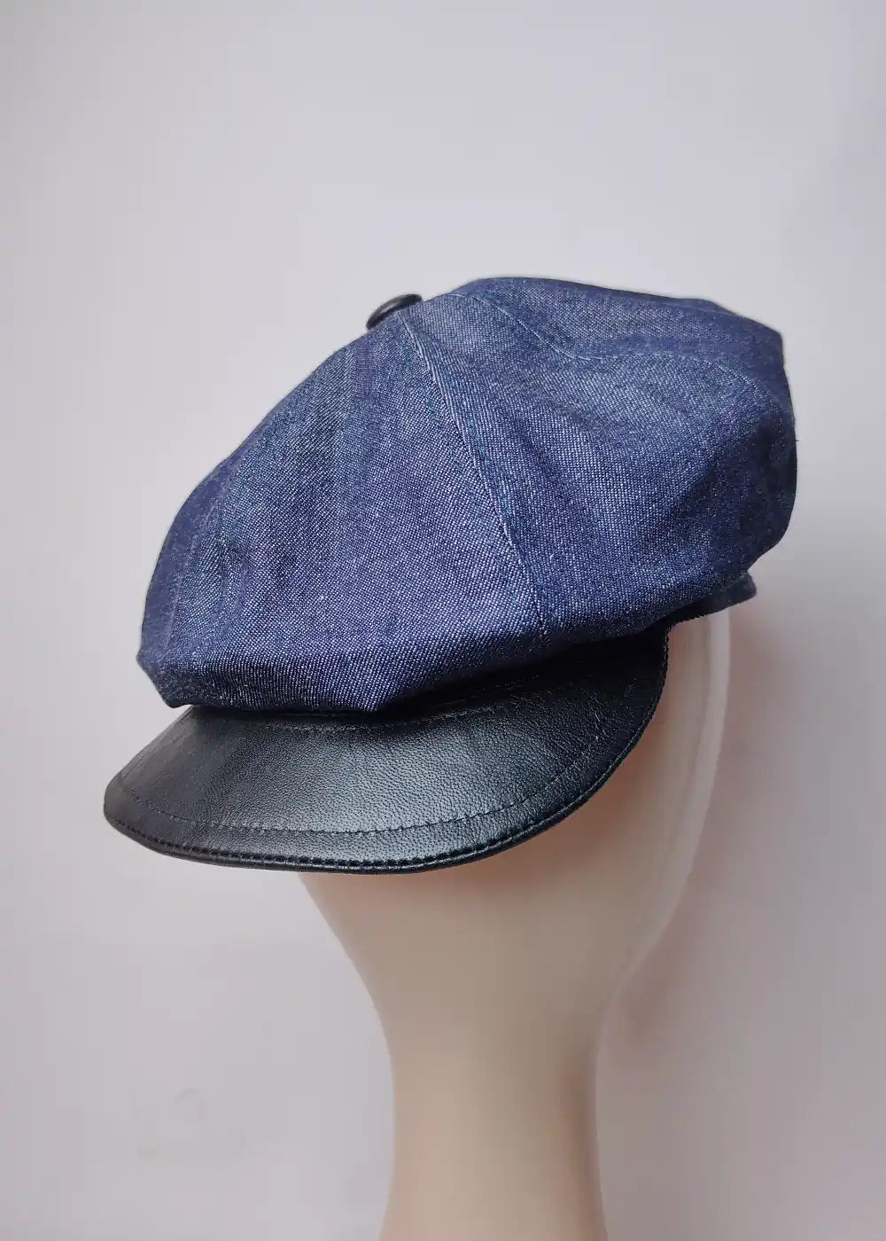 Newsboy Cap in Denim Cotton With Pure Leather Black Brim