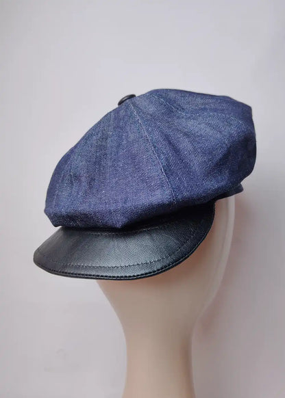 Newsboy Cap in Denim Cotton With Pure Leather Black Brim