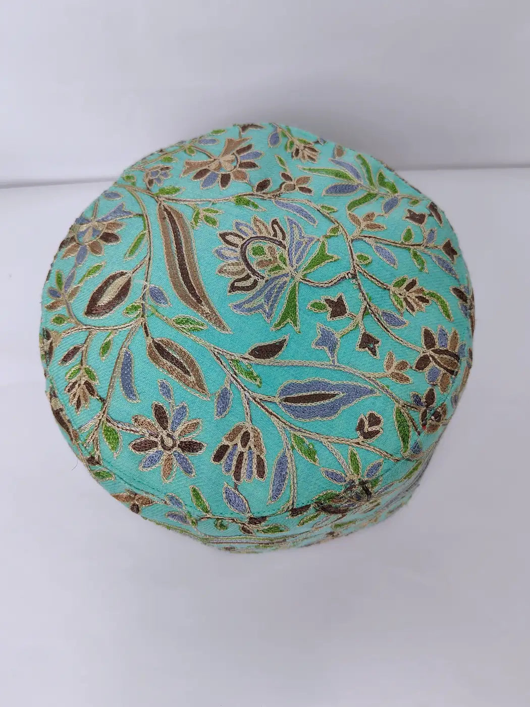 Kashmiri blue wool cap with aari work top side