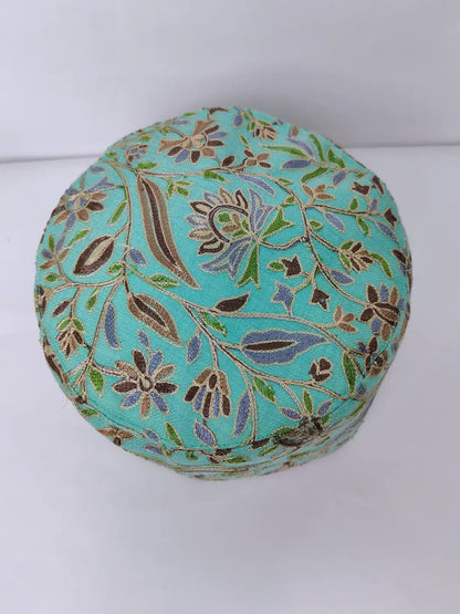 Kashmiri blue wool cap with aari work top side